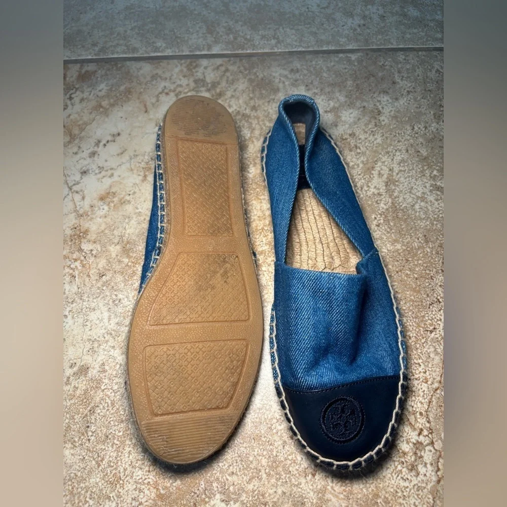 Tory Burch Denim Blue and Black Leather Espadrilles
